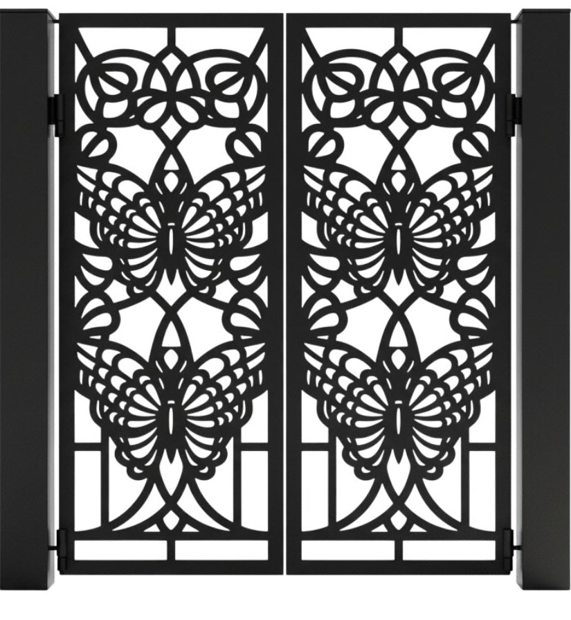 Buttercrest Passage – Stylized butterfly double-panel man door with ornamental scrollwork and floral geometry Model # MG823