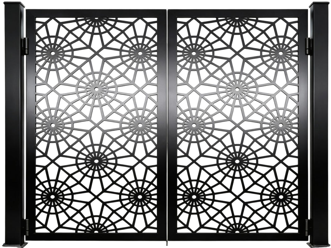 Starveil Passage – Ornamental metal man door with radial floral lattice and angular interconnects Model # MG830