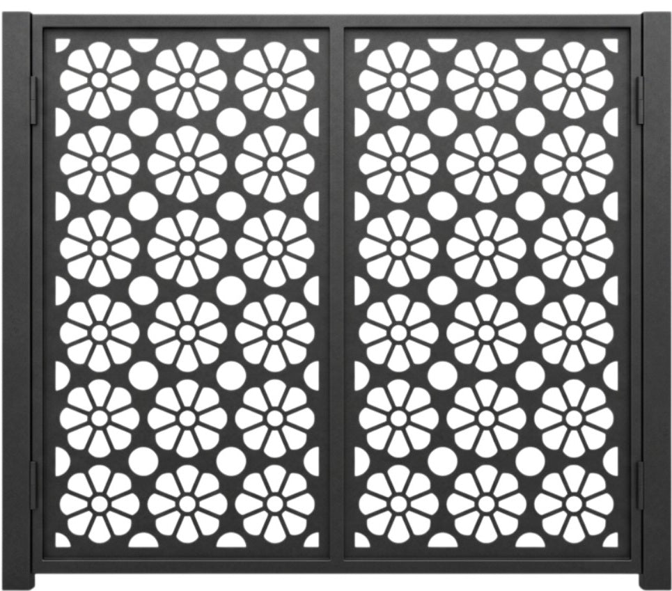 Petalbloom Passage – Decorative double-panel metal man door with eight-petal floral grid and circular cut-outs Model # MG834