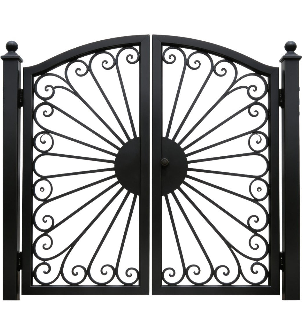 Radiavine Passage – Ornamental wrought iron man door with sunburst medallion, scrollwork accents, and circular Model # MG838