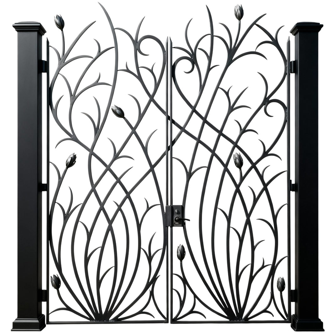 Floravine Passage – Ornamental double-panel wrought iron man door with flowing stems, closed buds, and leaf scrollwork Model # MG841