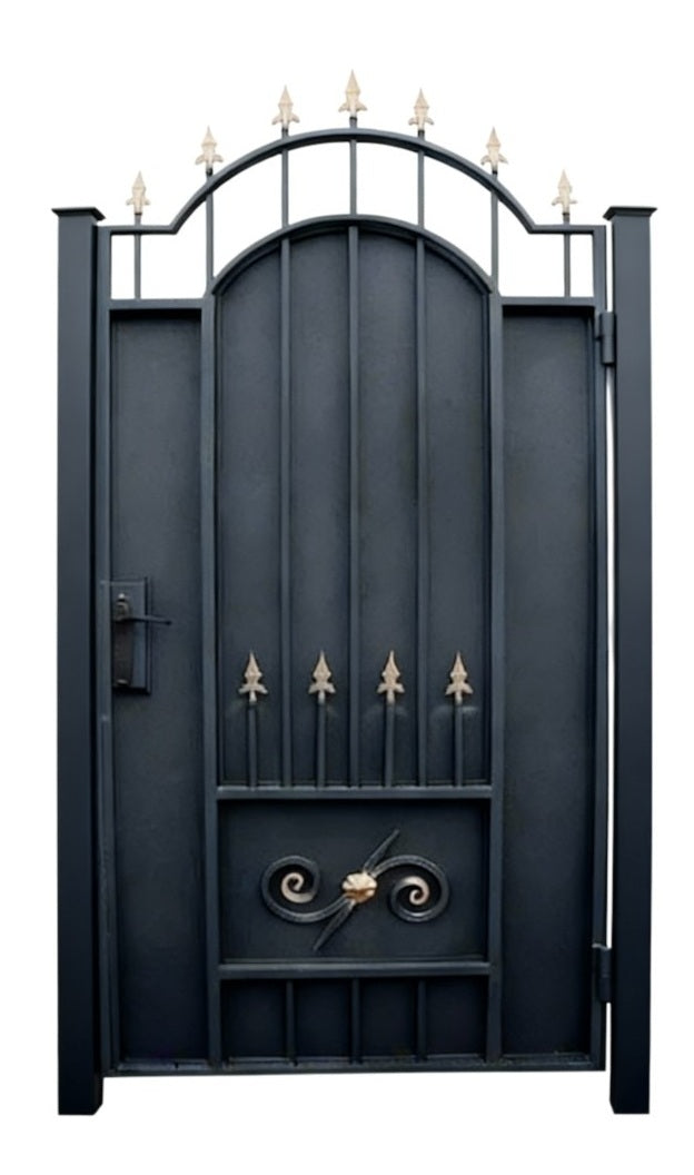 Spearcrest Passage – Wrought iron man door with gold spearhead finials and embossed scroll detailing Model # MG844