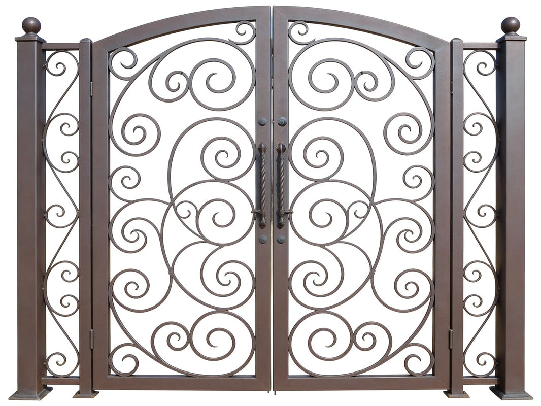 Twistspire Passage – Ornamental wrought iron man door with heart-scroll lattice, arched crown, and twisted central handles Model # MG868