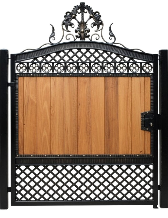 Woodcrest Passage – Mixed-material man door with vertical wood planks, wrought iron lattice, and regal crest scrollwork Model # MG871
