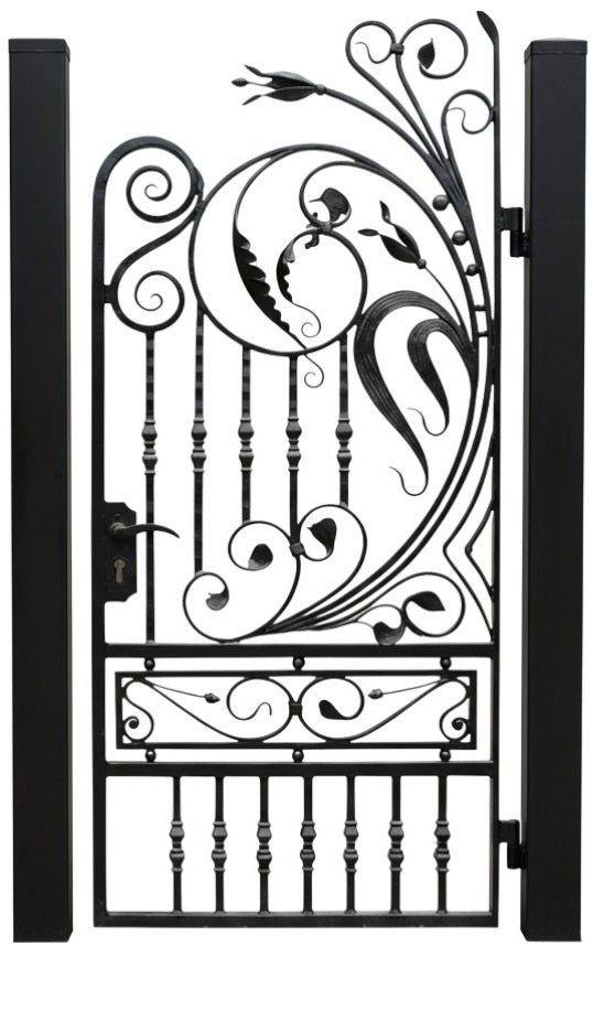 Floravibe Passage – Ornamental wrought iron man door with circular floral crest, scrollwork symmetry, and vertical bar base Model # MG872