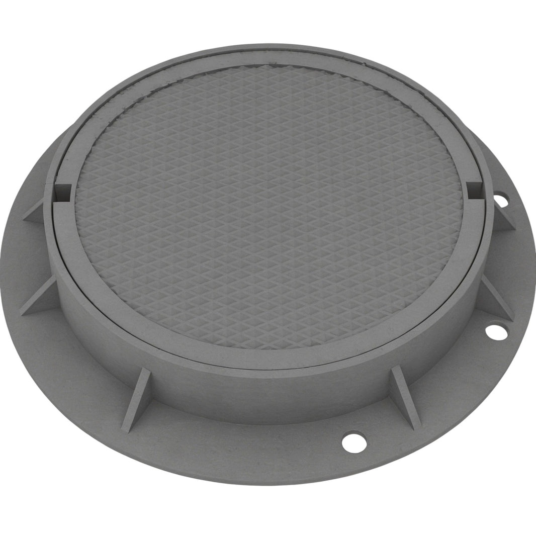 A round gray iron manhole cover with a grid-like pattern on the surface and a visible hollow center for installation.