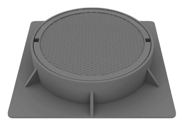 A top view of a round gray iron manhole cover with a textured surface, designed for outdoor use.