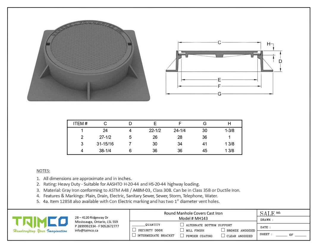 Round Manhole Covers Heavy Duty Gray Iron Model # MH143