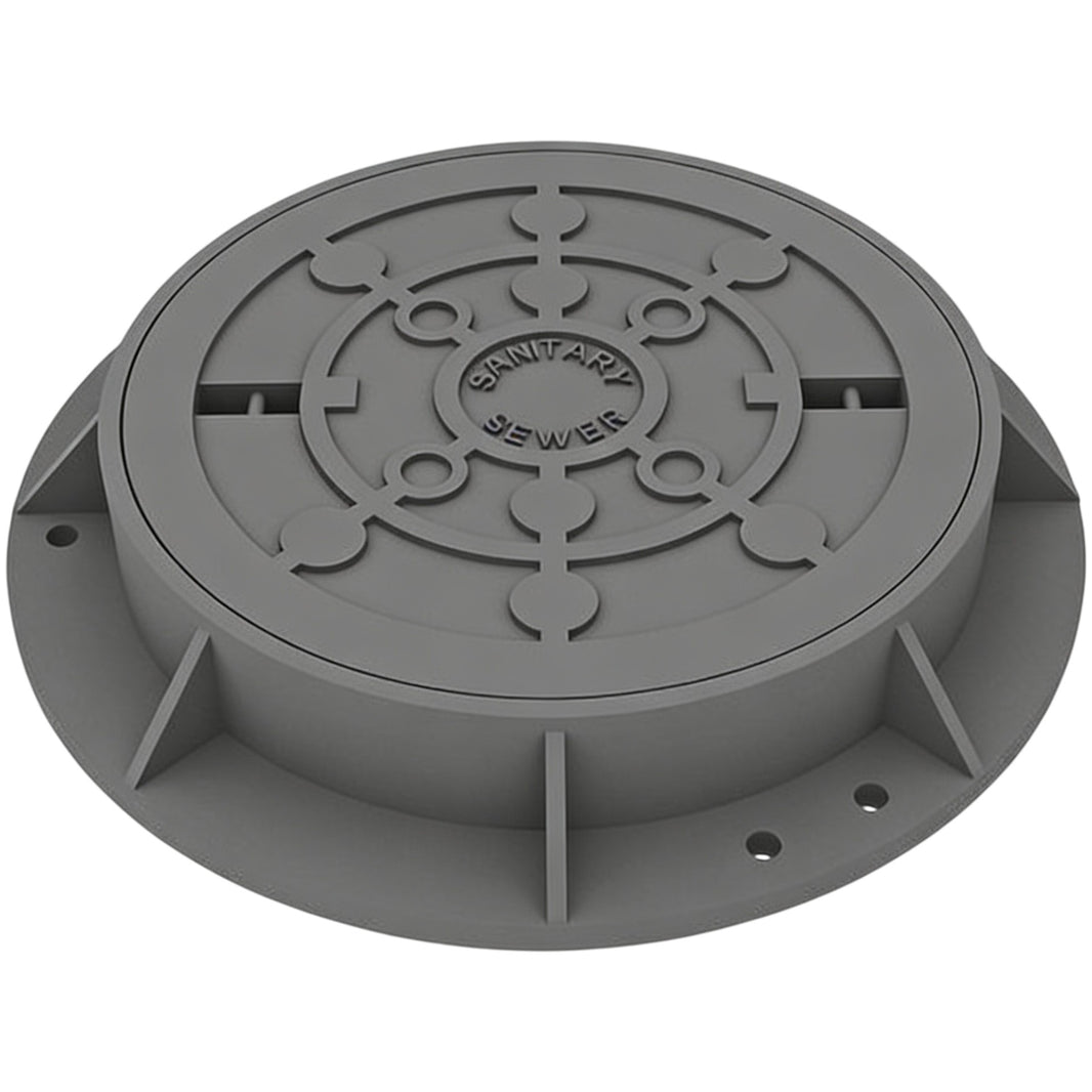 A round gray ductile iron manhole cover with a machine finish and a central Boss logo.