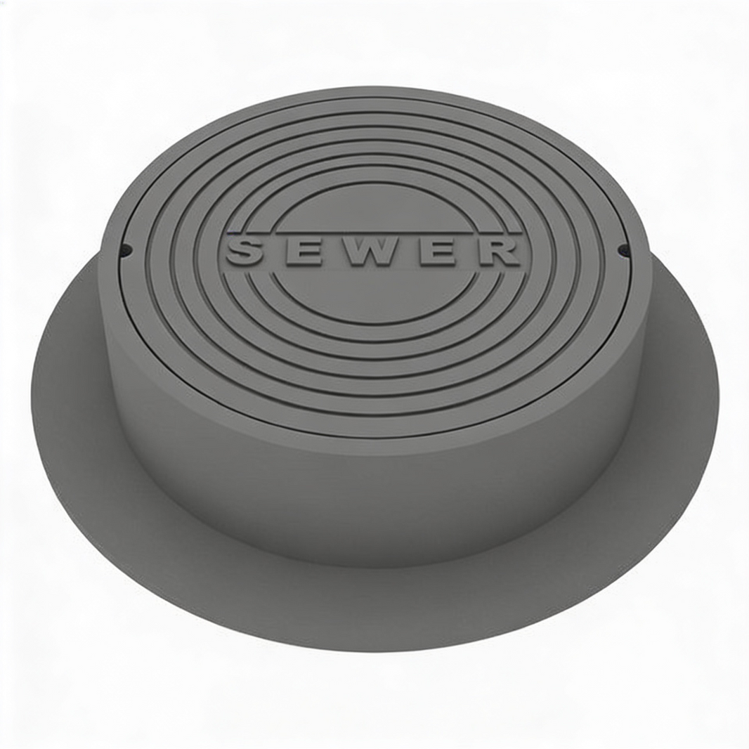 A gray iron round manhole cover with the SEWER brand logo in the center.