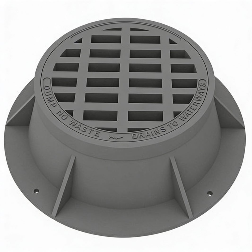 A gray iron round manhole grate and frame, with a perforated surface and solid gray rim.