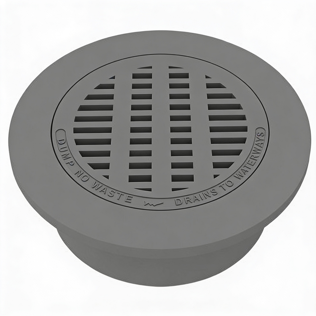 A gray iron round manhole grate and frame with a flange in the center and multiple slit openings for drainage.