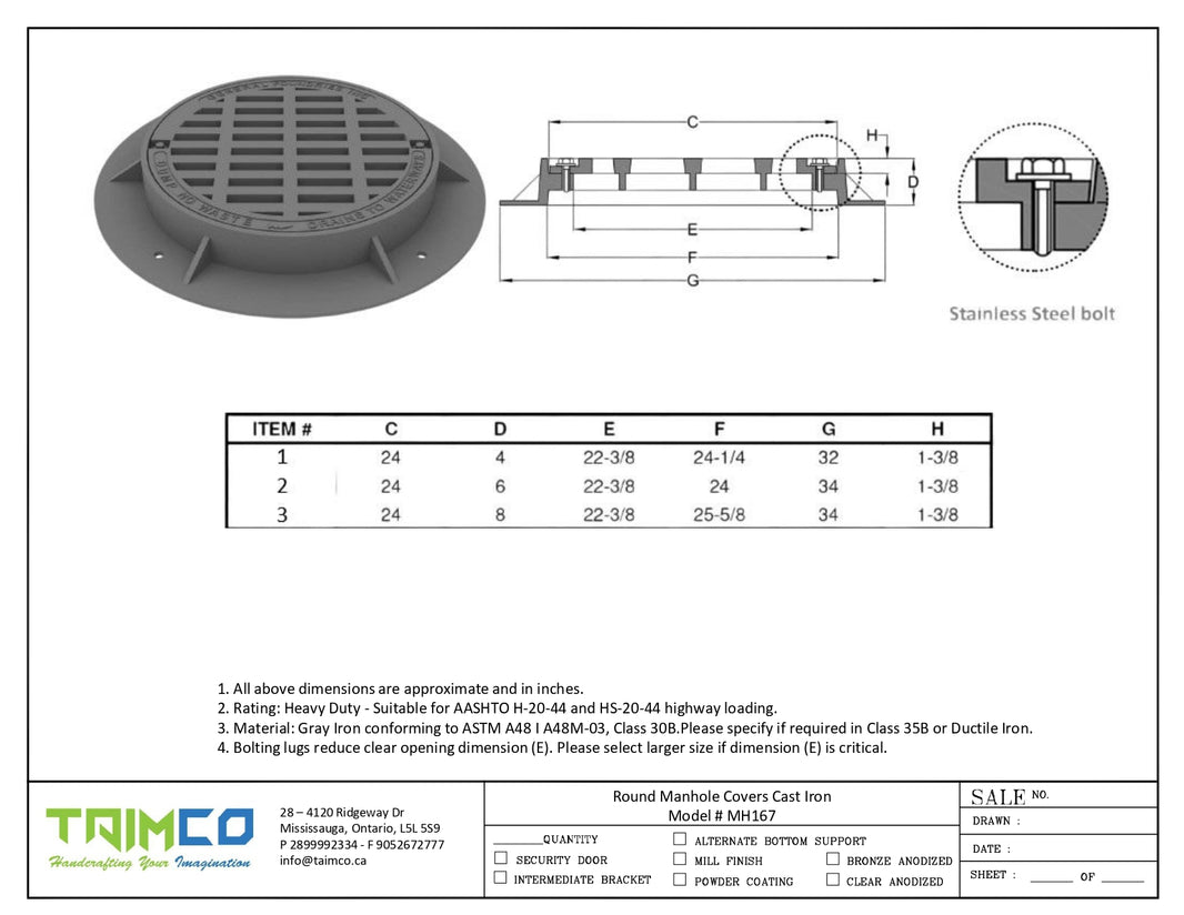 Round Manhole Cover and Frame Gray Iron Bolted & Gasketed Model # MH167