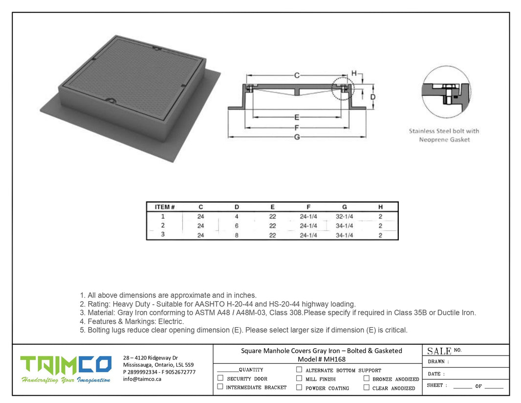 Square Manhole Cover and Frame Gray Iron Bolted & Gasketed Model # MH168