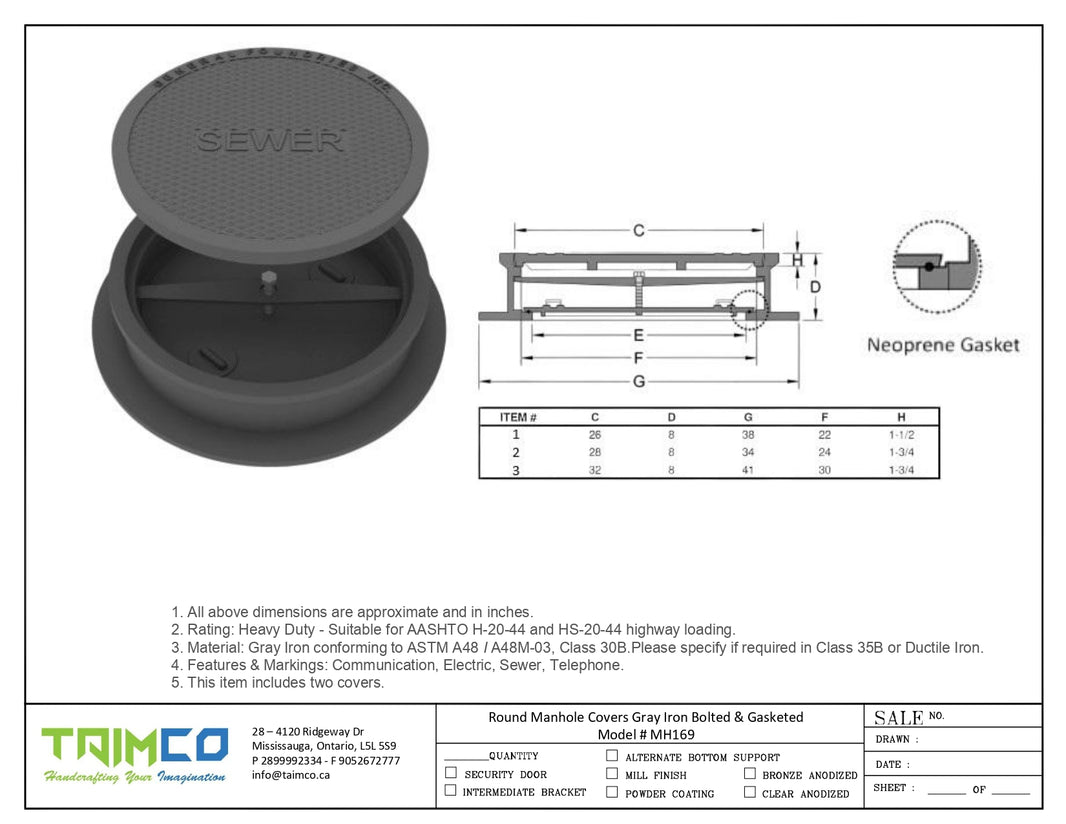 Round Manhole Cover and Frame Gray Iron Bolted & Gasketed Model # MH169