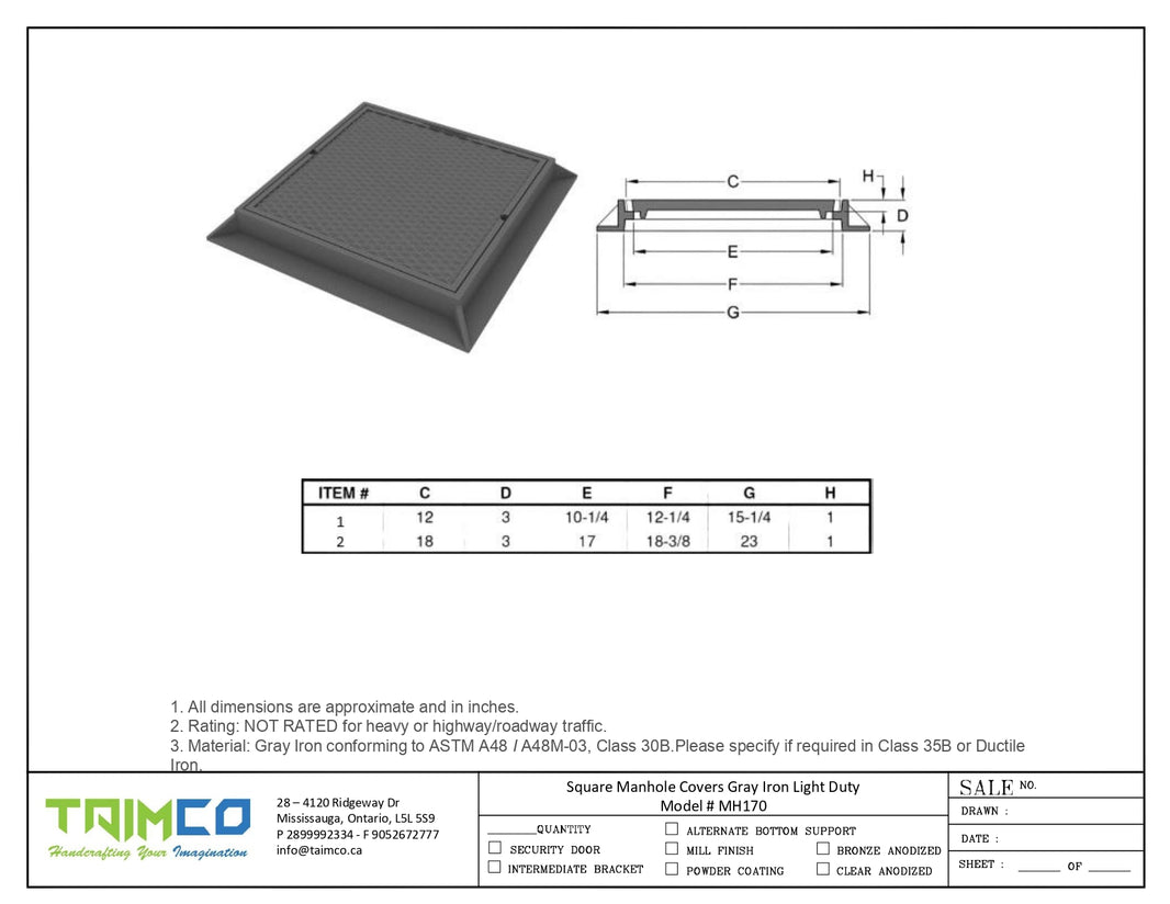 Square Manhole Cover and Frame Gray Iron Model # MH170