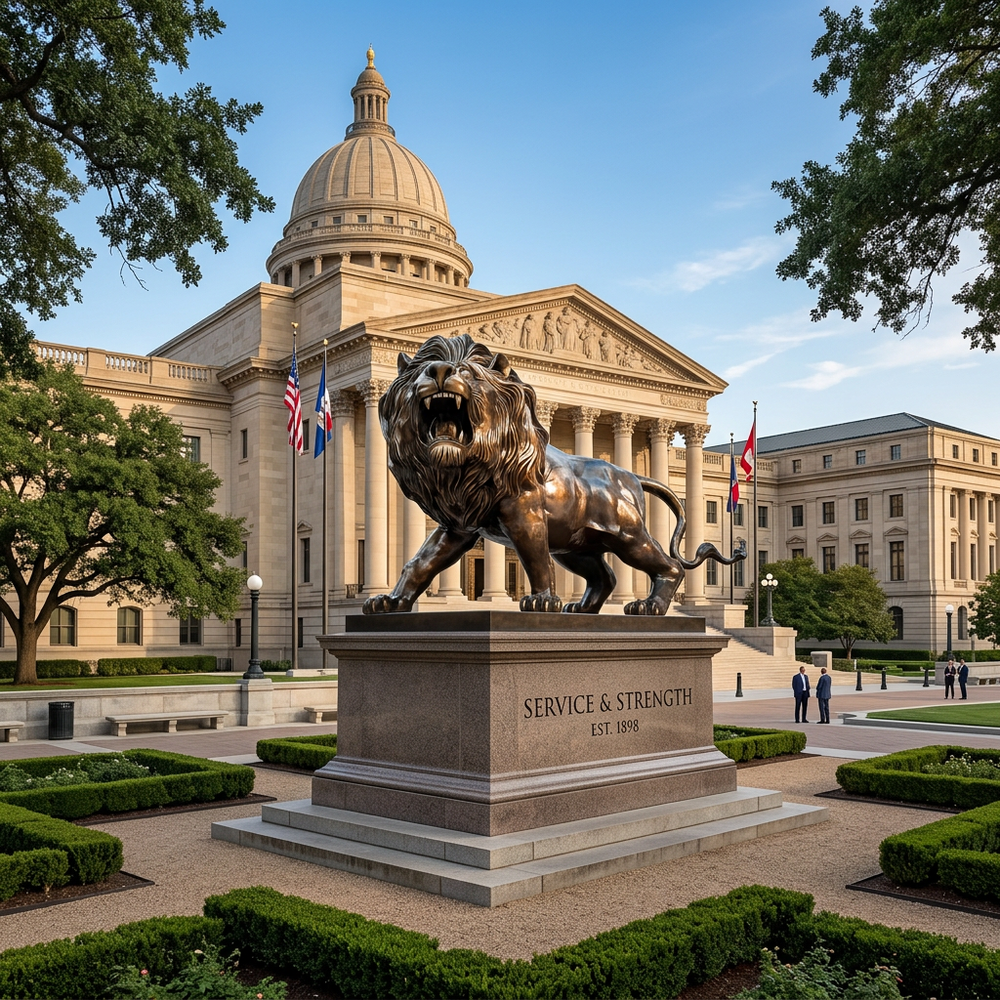 Expressive bronze lion sculpture with open jaws, defined legs, and a bold aggressive pose.