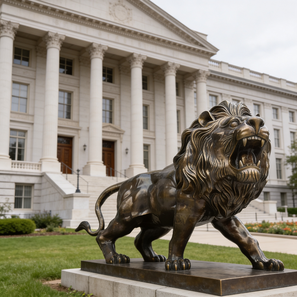 Bronze lion figure with raised head, roaring expression, and detailed flowing mane.