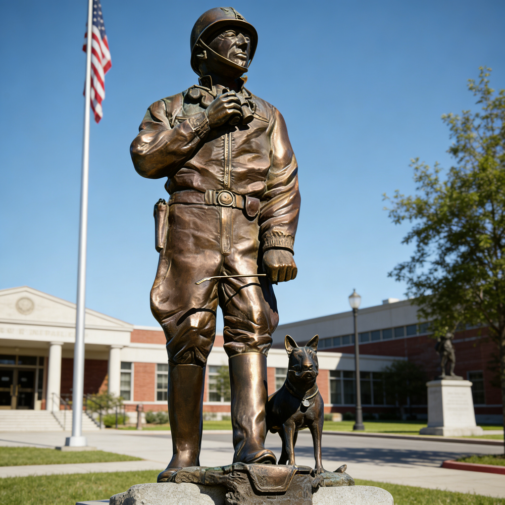 Bronze statue of a soldier with a dog in front of a building with an American flag.