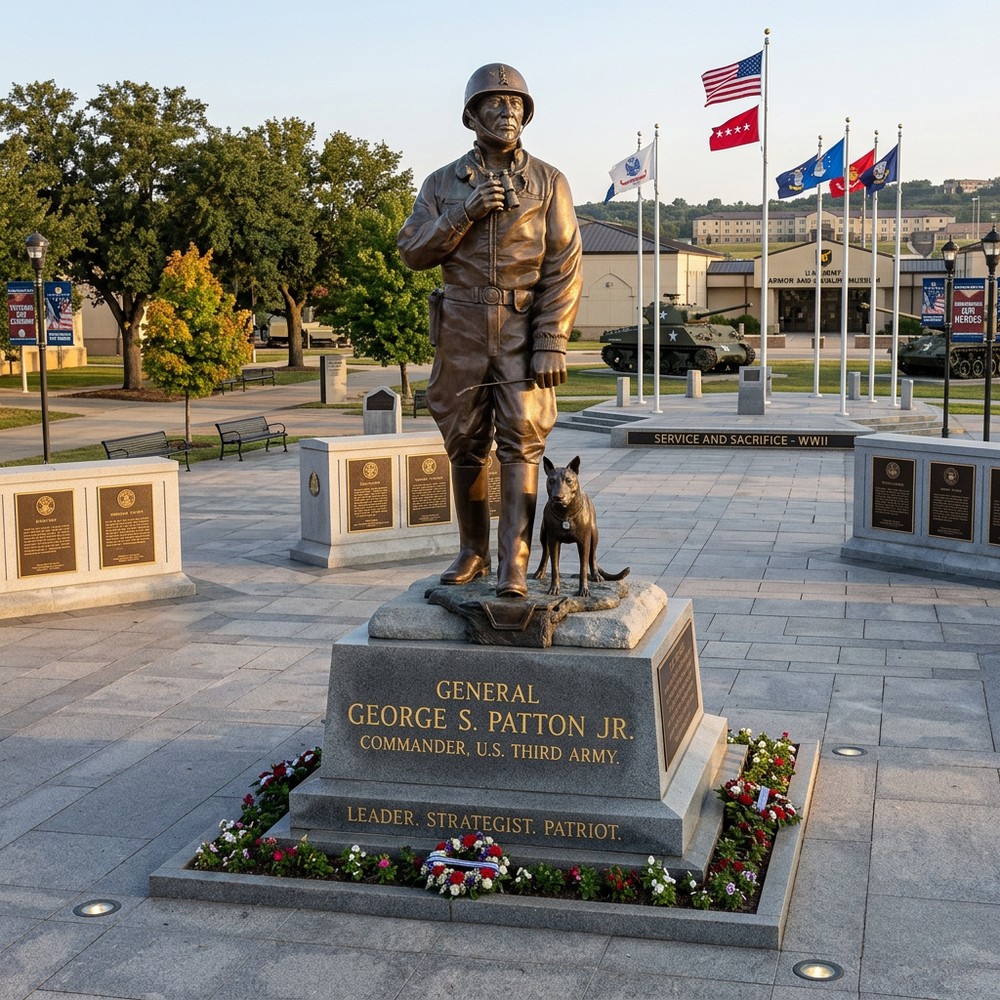 Bronze statue of General George S. Patton Jr. with a dog on a pedestal, surrounded by flags and plaques.