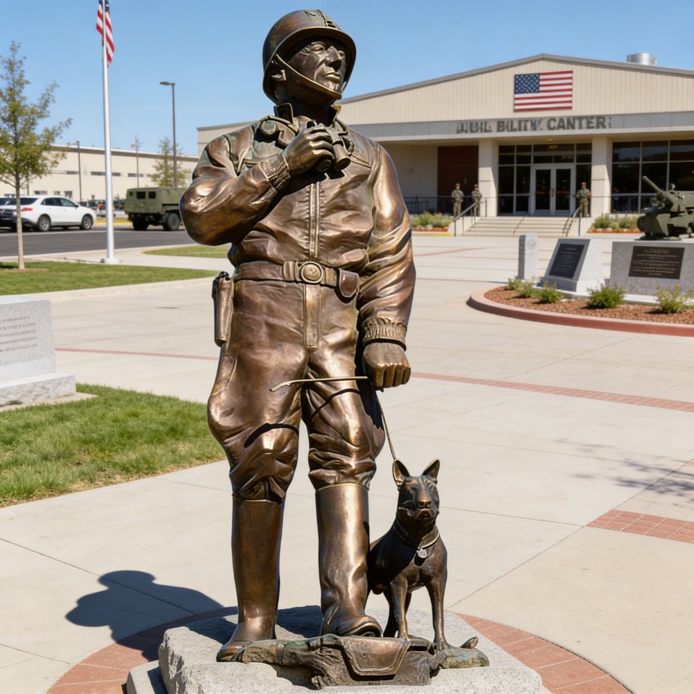 Bronze statue of a soldier with a dog in front of a building with an American flag.