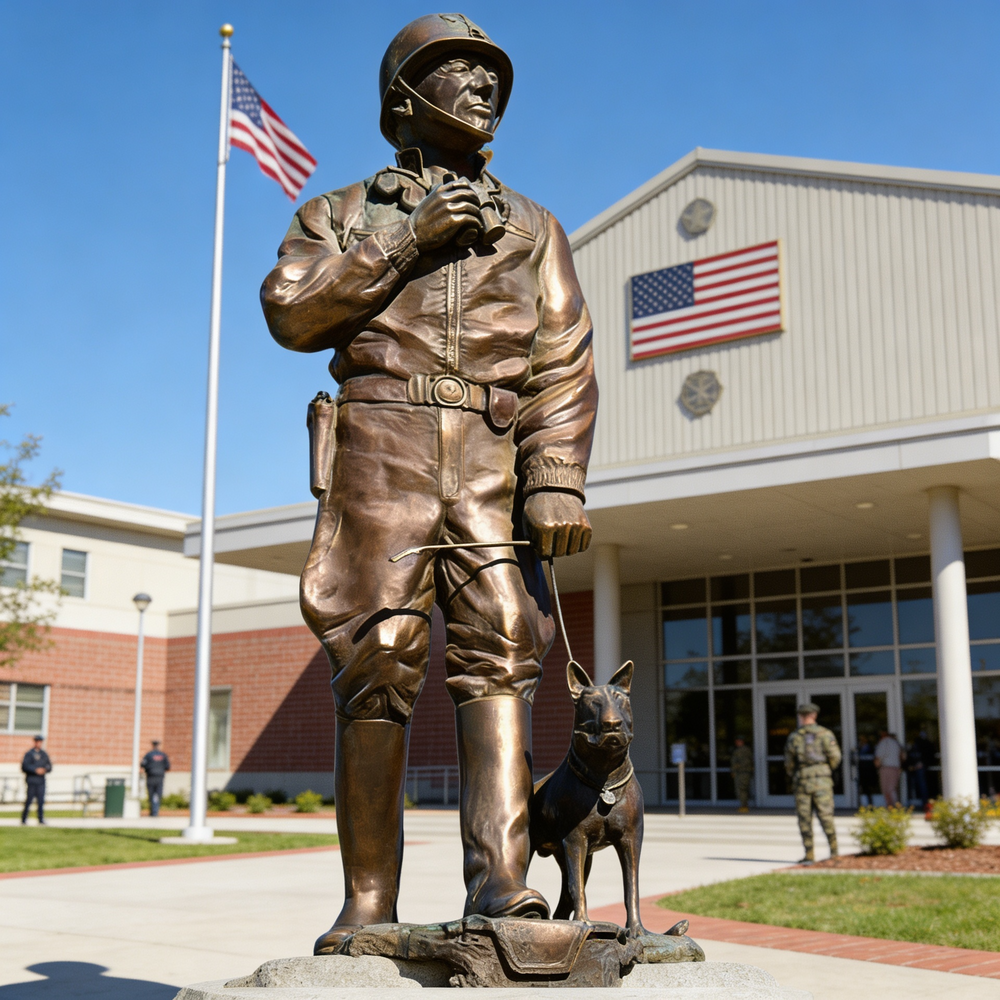 Bronze statue of a soldier with a dog in front of a building with American flags.