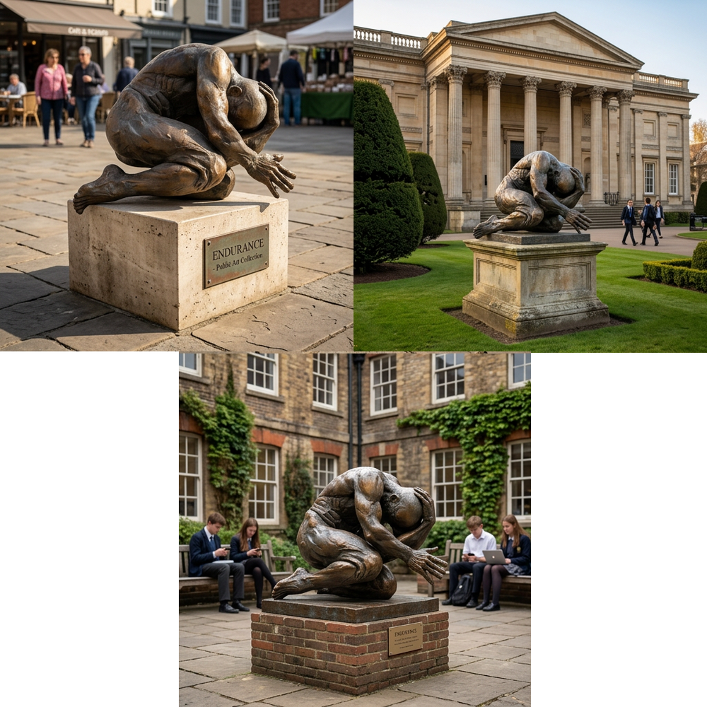 Bronze artwork of a figure folded inward with one arm covering the head and legs drawn close