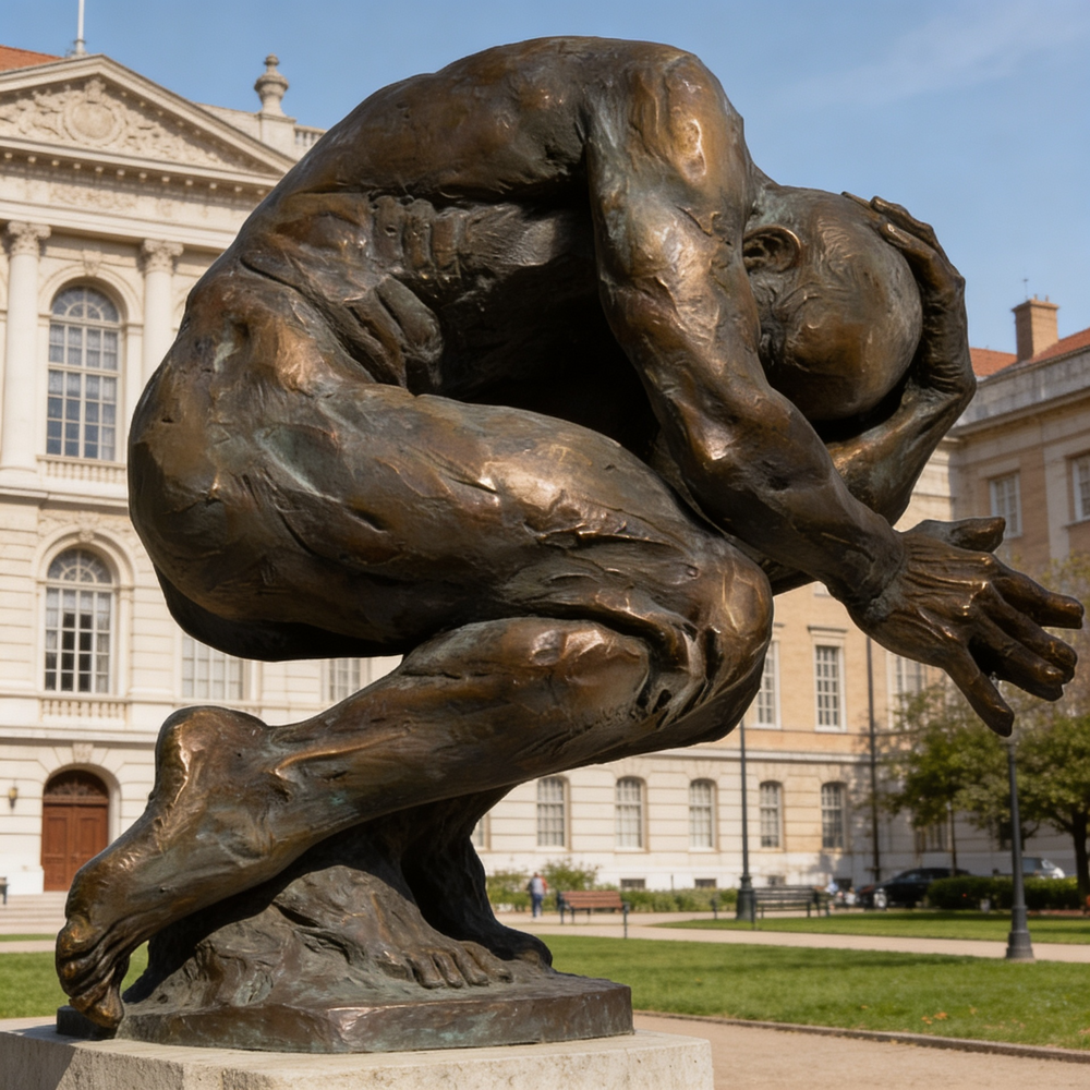 Contemporary bronze sculpture of a human figure in a fetal‑like pose with realistic body contours.