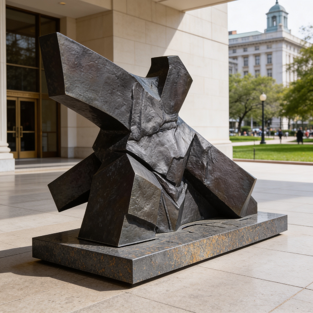 Dark metal geometric abstract sculpture with angular intersecting forms on a rectangular base