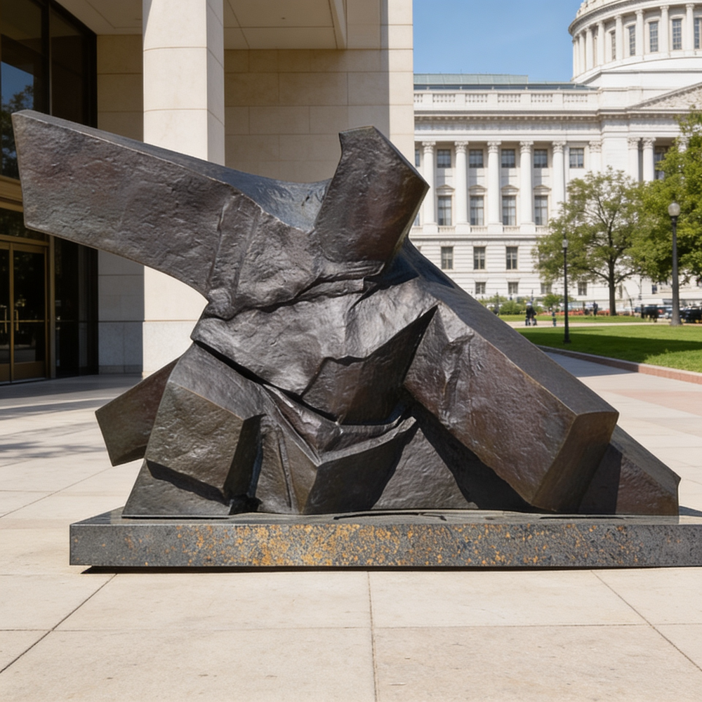 Industrial abstract sculpture crafted from dark metal with dynamic intersecting forms