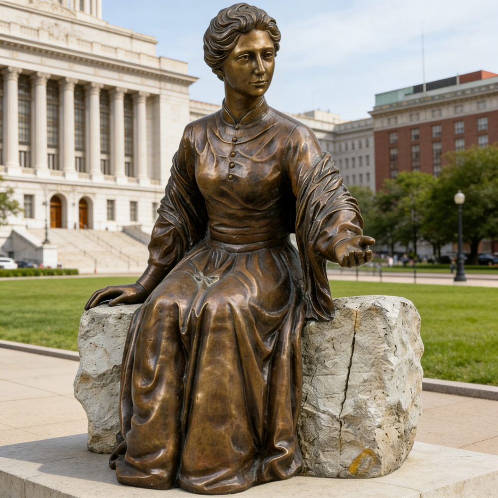 Realistic bronze statue of a woman in traditional dress seated on a bench
