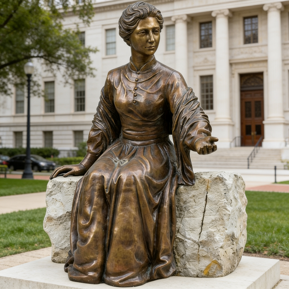Sitting Catherine McAuley sculpture featuring a long gown and extended hand gesture