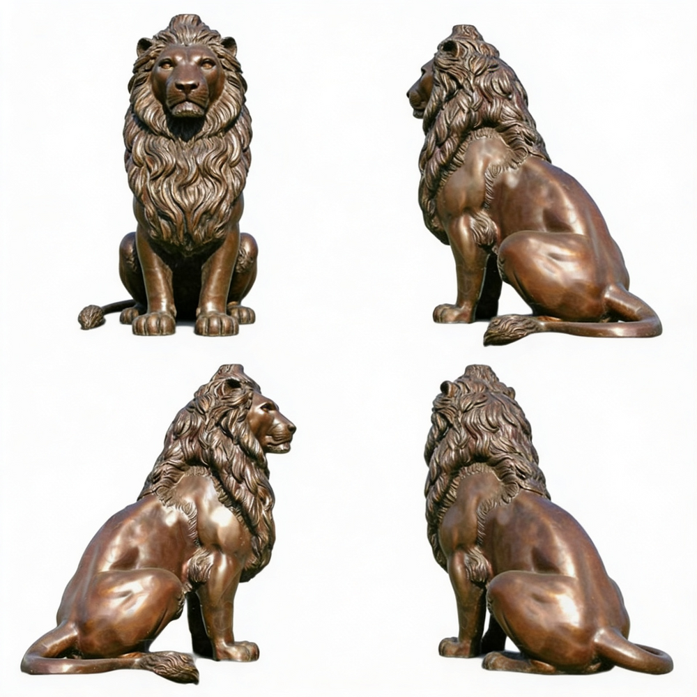 Bronze sculpture of a seated lion with a detailed mane and strong muscular body