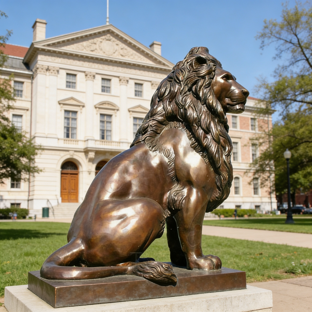 Sculpted bronze lion in a dignified seated pose, featuring a flowing mane and solid form
