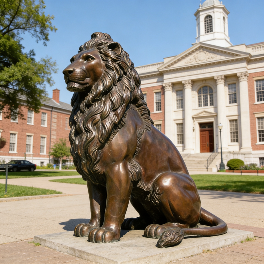 Bronze lion statue in front of a large building with columns
