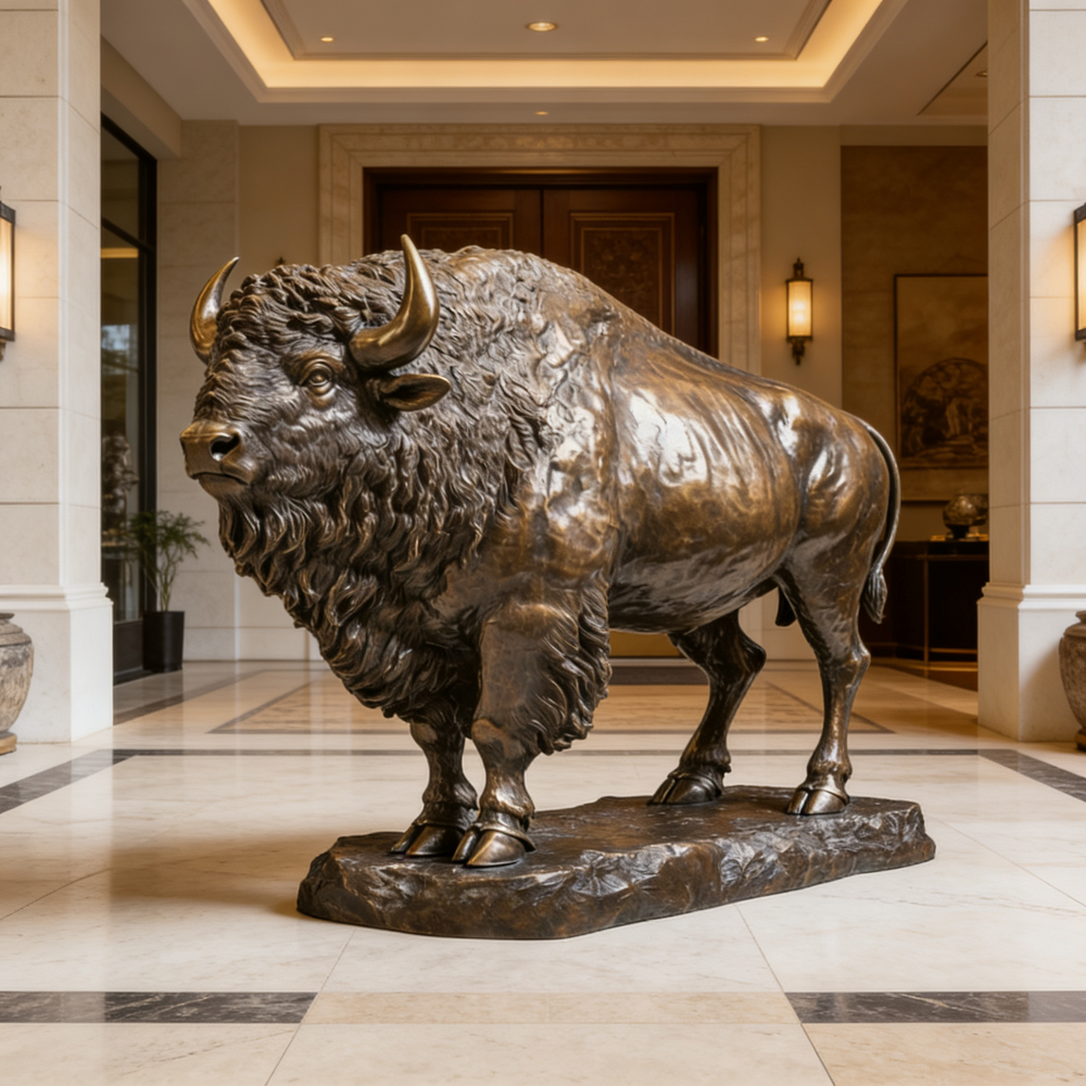 Bronze statue of a bison in an elegant interior setting