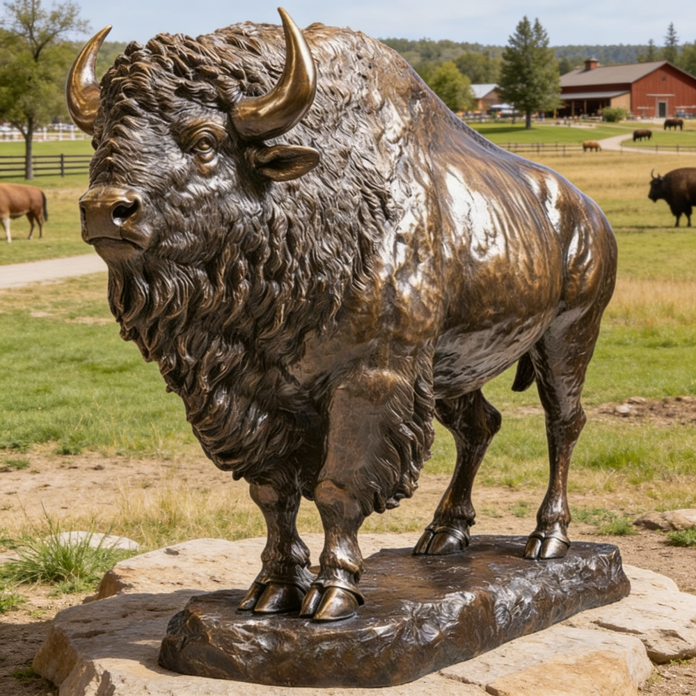 Bronze statue of a bison in an outdoor setting with greenery and a barn.