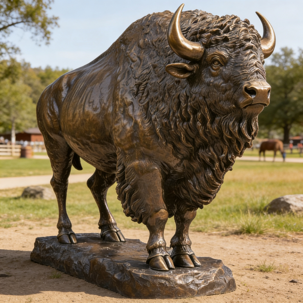 Bronze statue of a bison in an outdoor setting with trees and grass.