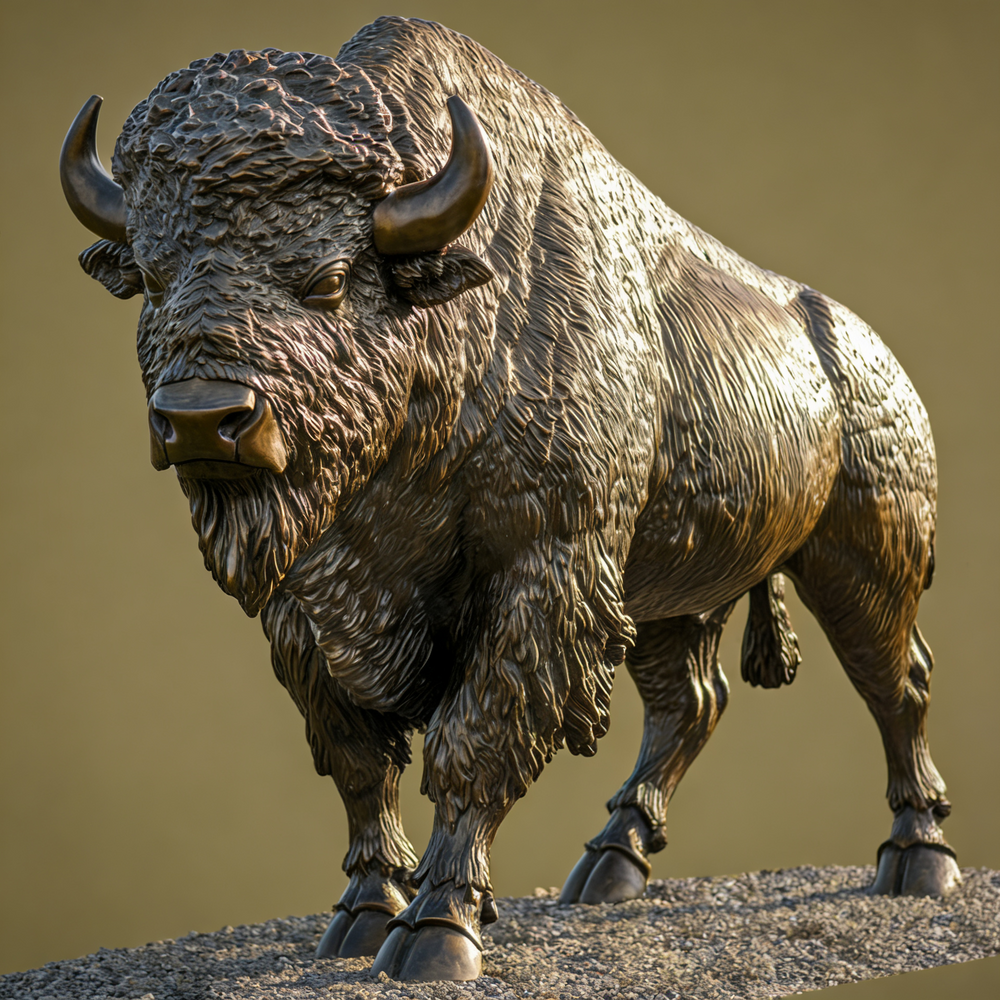 Bronze statue of a bison on a plain background
