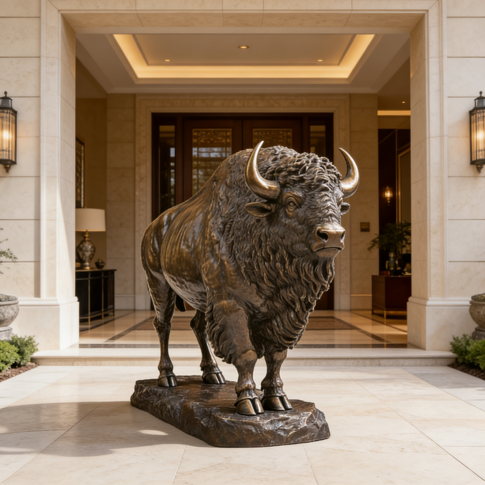 Bronze statue of a bison in front of a luxurious building entrance