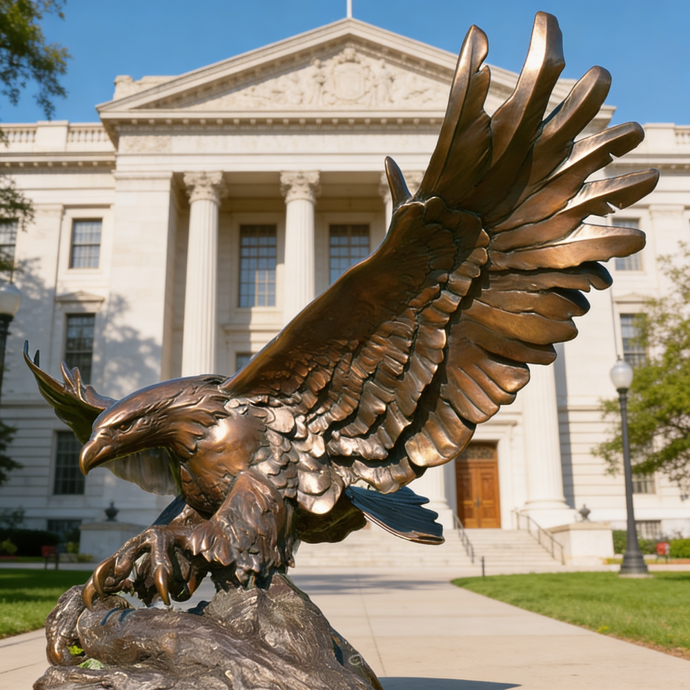 Bronze eagle sculpture in front of a classical building
Dynamic bronze eagle statue capturing a swooping or landing pose