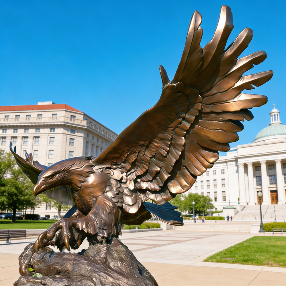 Bronze eagle statue in front of a government building