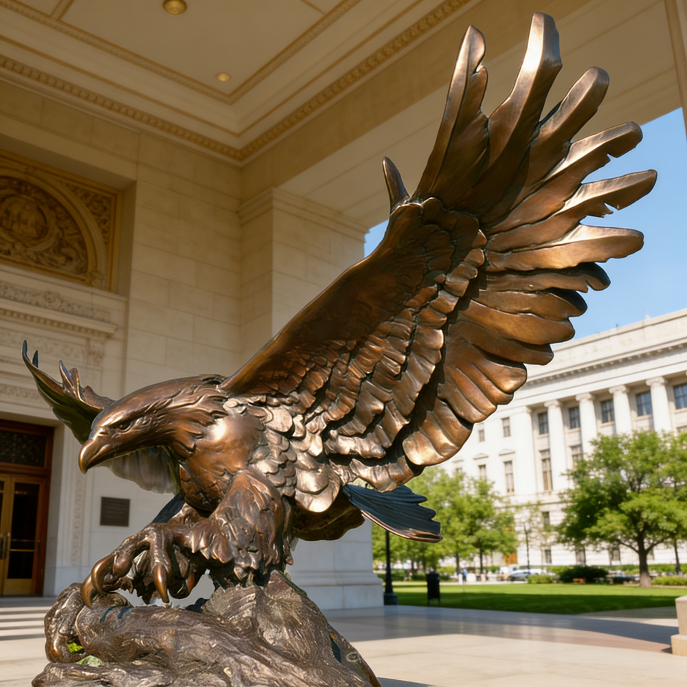 Bronze eagle statue in front of a large building with columns