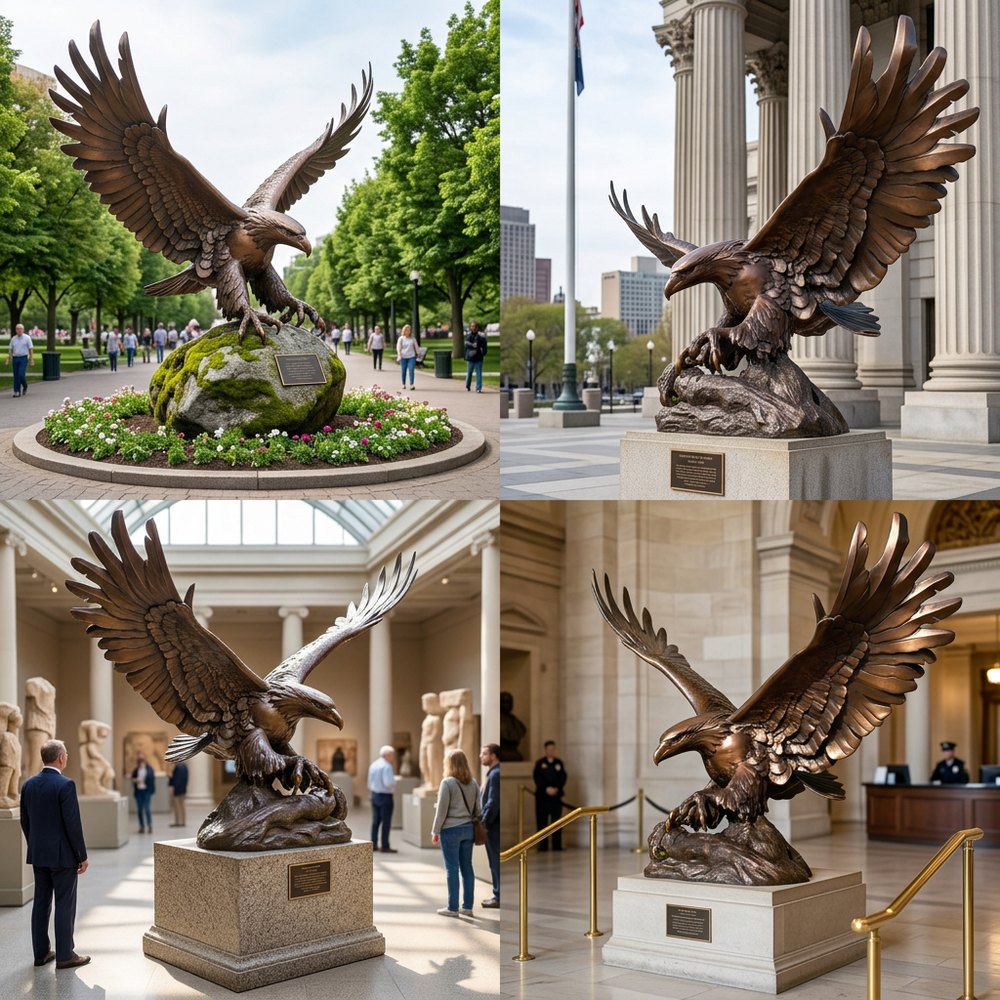 Collage of bronze eagle statues in various settings including a park, a building interior, and a museum.