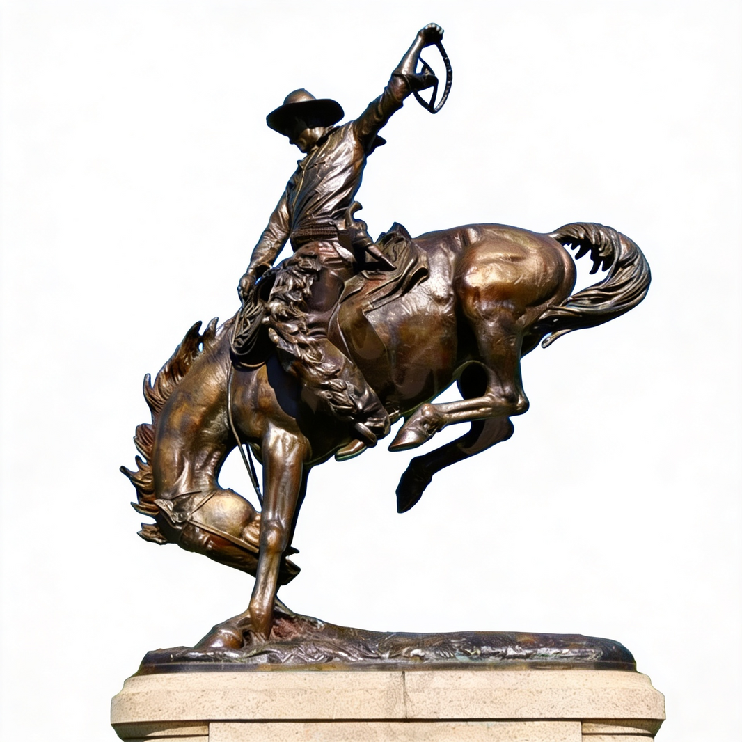 Bronze cowboy sculpture riding a bucking horse with a raised lasso and detailed western gear