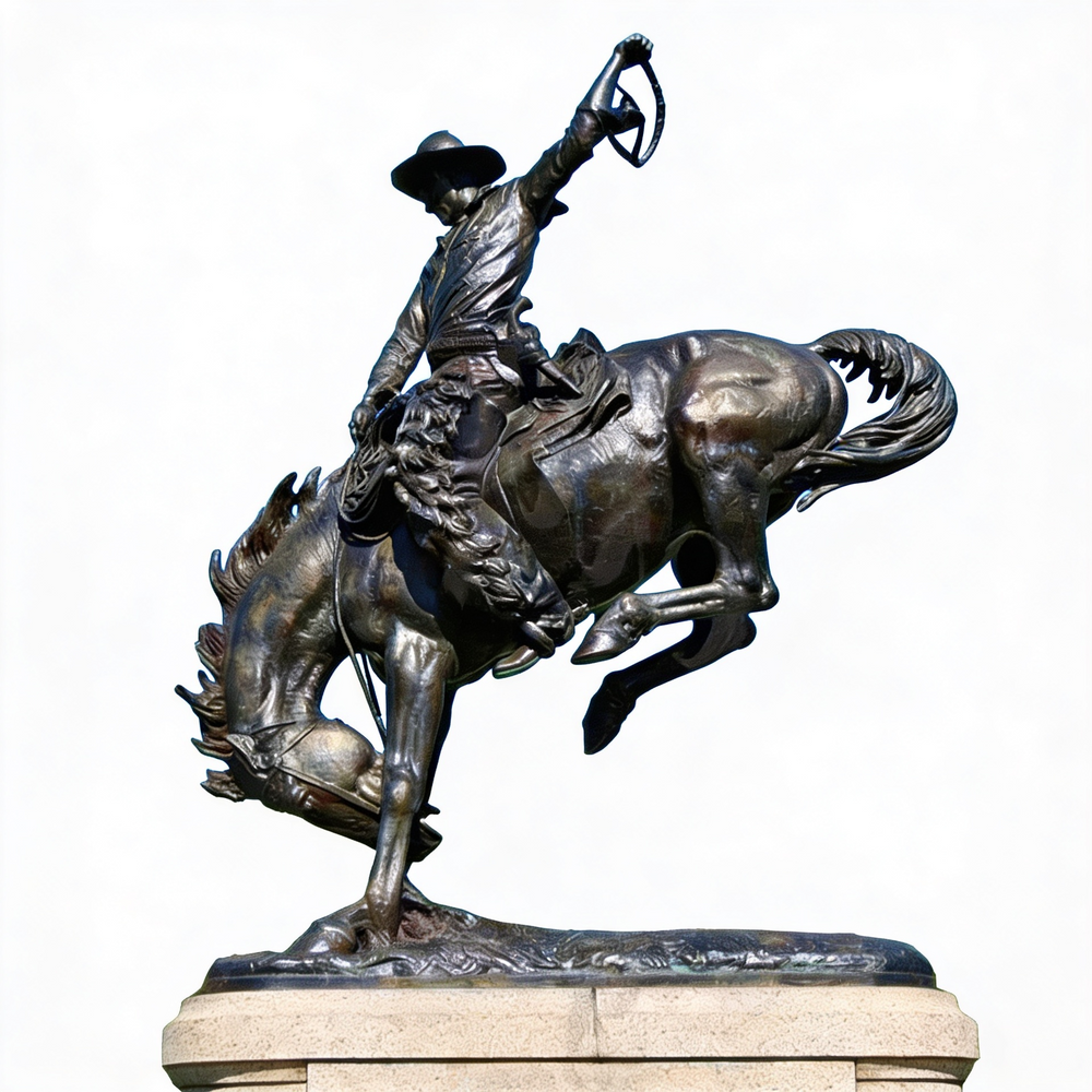 Bronze cowboy and horse statue in an energetic bucking pose with realistic anatomical detail.