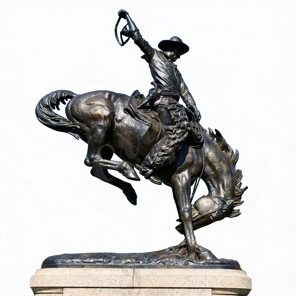 Sculpted bronze cowboy on a rearing horse, emphasizing frontier spirit and rugged motion