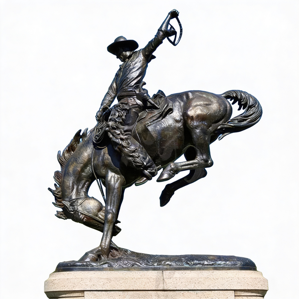 Bronze western sculpture of a cowboy balancing on a bucking horse with expressive movement.