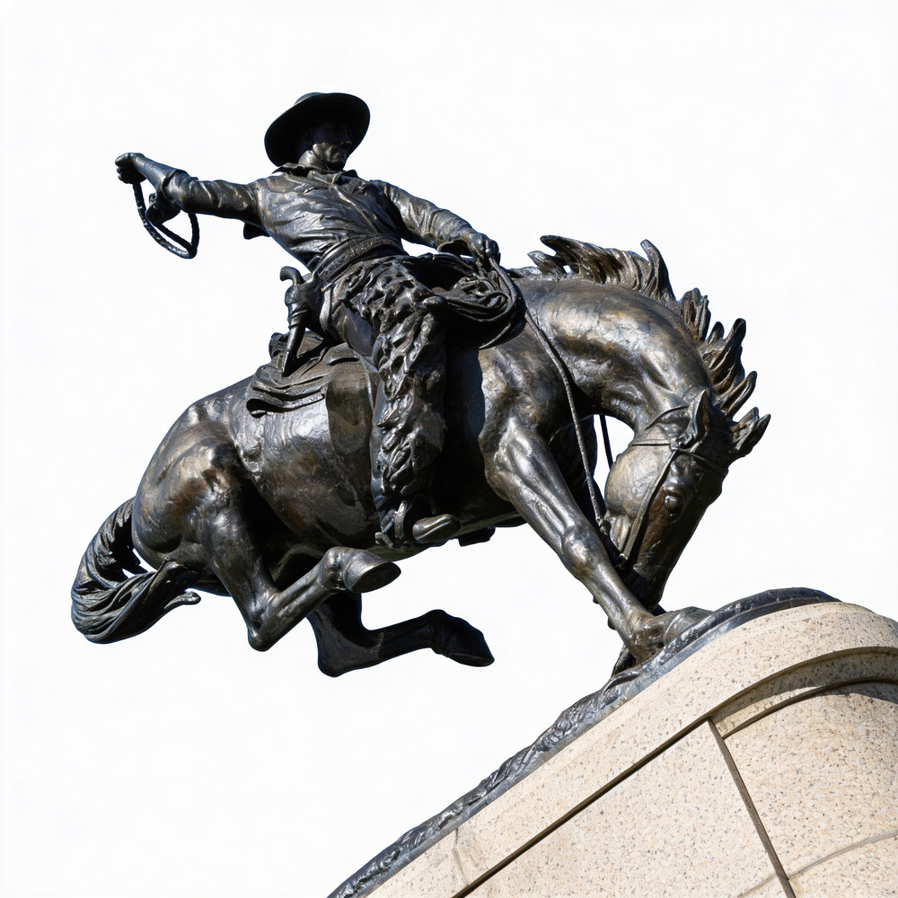 Bronze statue of a rodeo cowboy riding a bucking horse, showcasing strength, motion, and craftsmanship