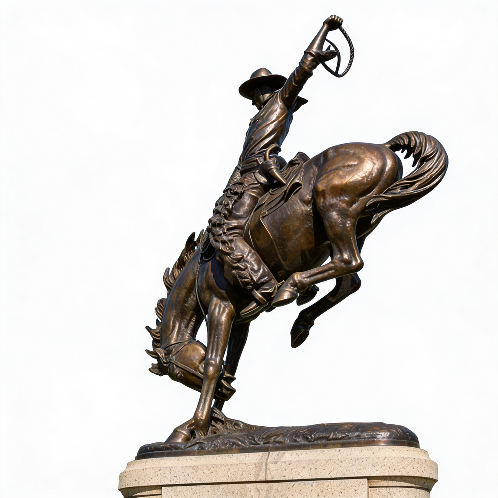 Bronze cowboy sculpture riding a bucking horse with a raised lasso and detailed western gear.
